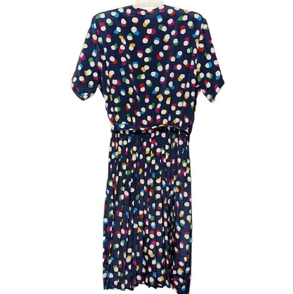 Vintage Women's Abstract Floral Pleated Utility Dress Navy Blue Size 14 - Picture 2 of 15